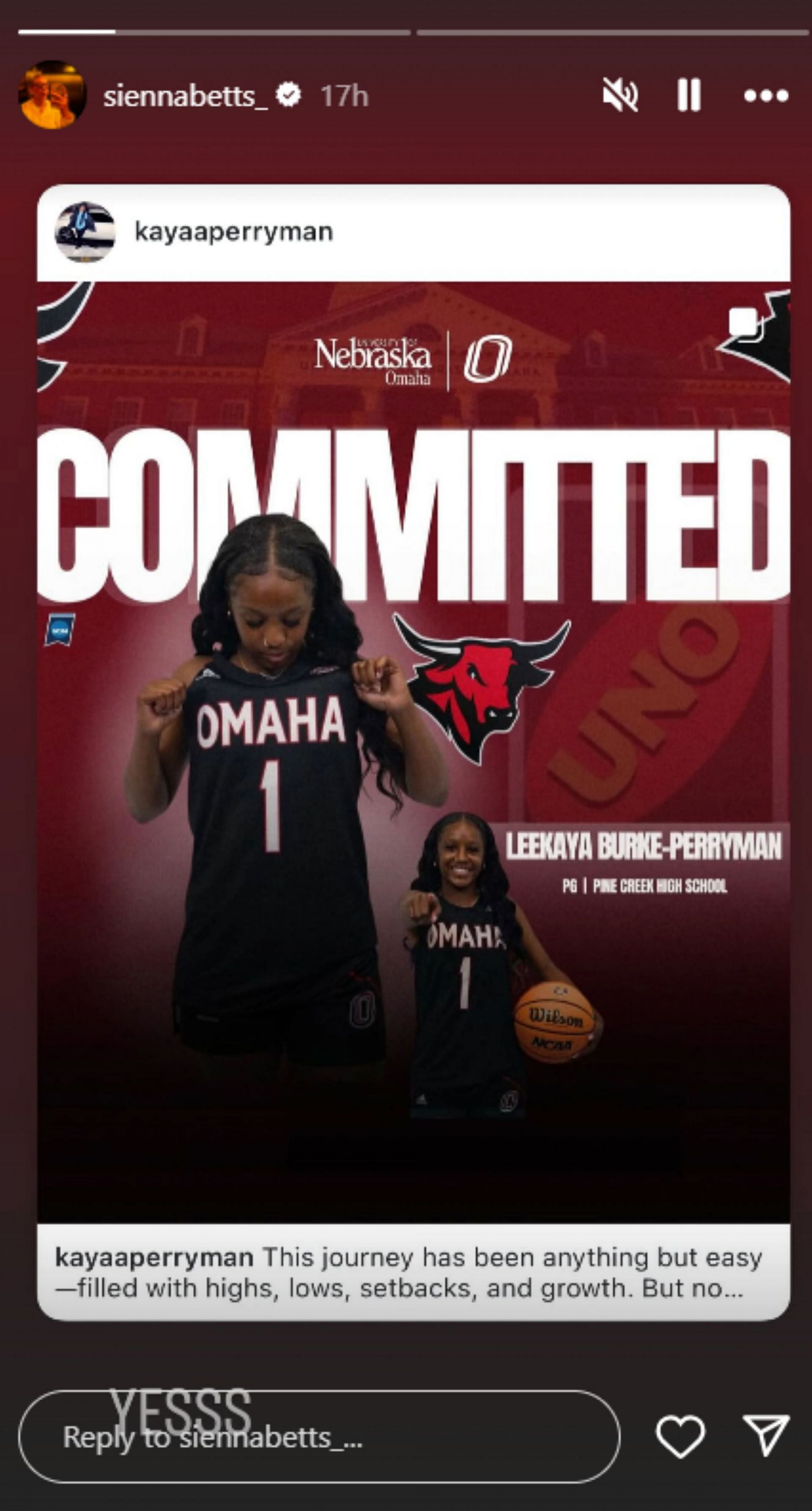 Leekaya Burke-Perryman's commitment news reshared by Sienna Betts (Image: IG/siennabetts_)